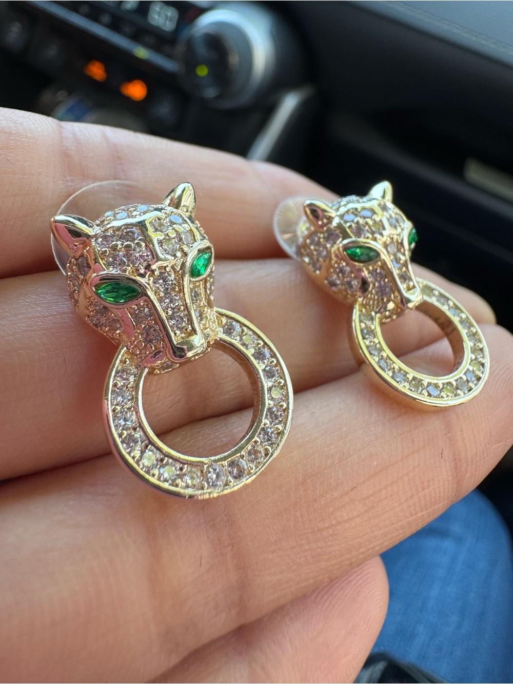 14k gold dipped Panther Head Ring Drop Earrings with Green Eyes new